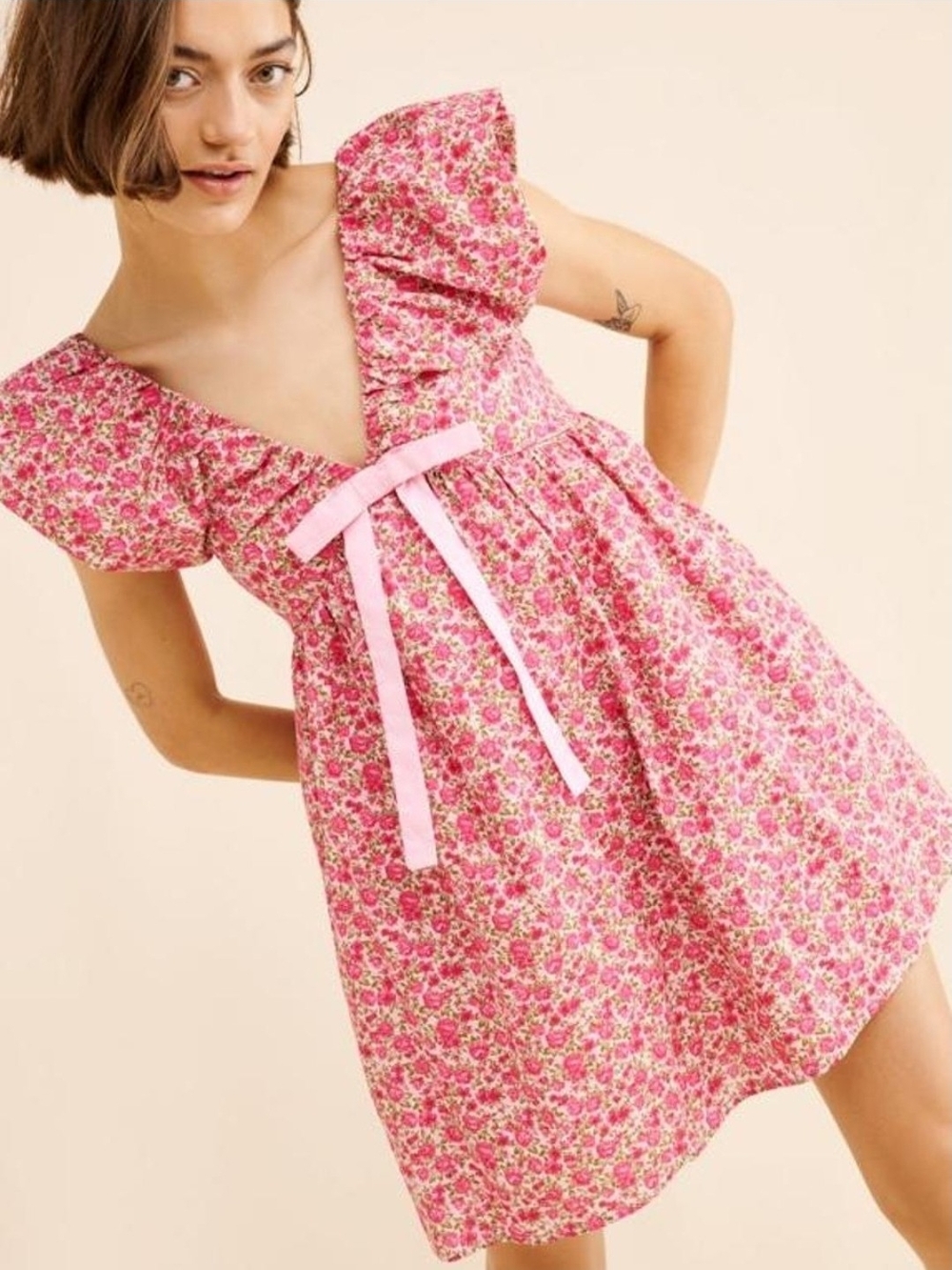 Endless Rose Pink Floral Empire-Waist Mini Dress with Ribbon